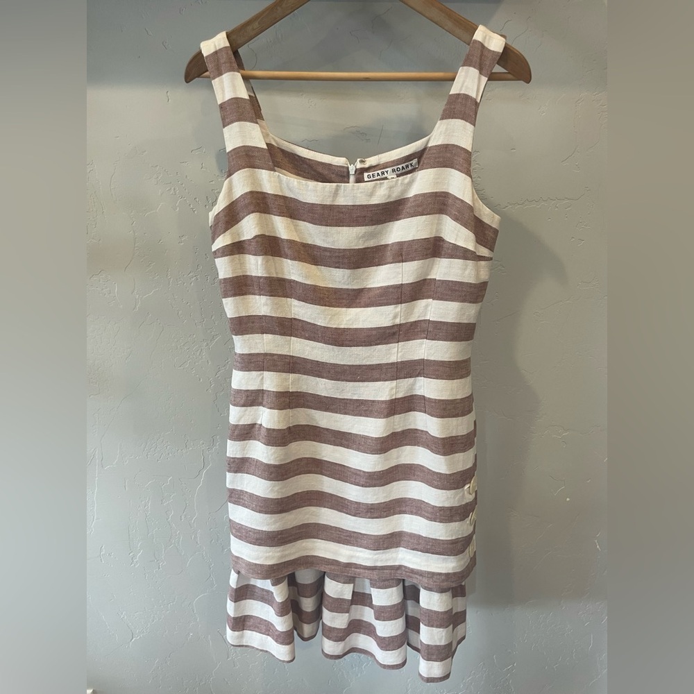 Pristine vintage Geary Roark Striped 100% Linen Tank Dress in Ivory & Brick SZ8